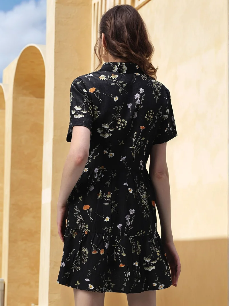 OUTZIDR Black Printed Floral Tiered Dress